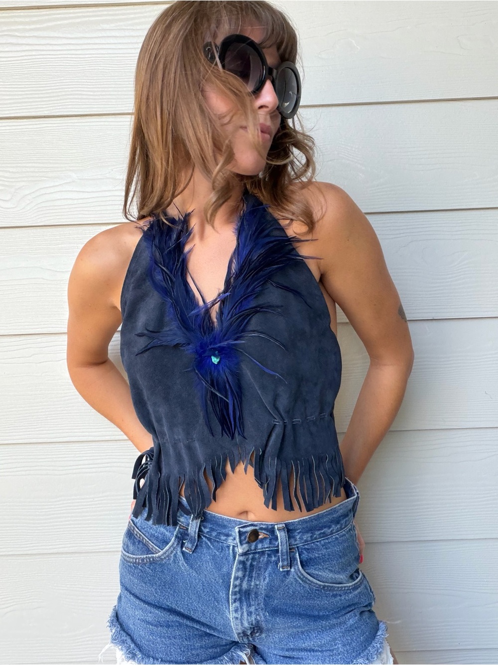 Vintage 70s Blue Suede Fringe Feather Halter Top